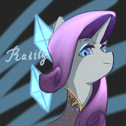 Size: 1063x1063 | Tagged: source needed, safe, artist:eric0999, rarity, pony, unicorn, g4, bust, clothes, cutie mark background, female, looking at you, looking down, looking down at you, mare, name, portrait, smiling, solo, three quarter view