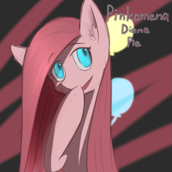 Size: 1063x1063 | Tagged: source needed, safe, artist:eric0999, pinkie pie, earth pony, pony, g4, bust, covering mouth, cutie mark background, ear fluff, eyebrows, eyebrows visible through hair, female, looking at you, mare, name, open mouth, pinkamena diane pie, portrait, raised hoof, solo, three quarter view
