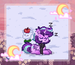 Size: 307x268 | Tagged: safe, artist:einkawans, starlight glimmer, alicorn, pony, pony town, g4, alicornified, alternate hairstyle, apple, clothes, cloud, crescent moon, eyes closed, food, lying down, moon, onomatopoeia, outdoors, pixel art, prone, race swap, scarf, sleeping, snow, solo, sound effects, starlicorn, zzz