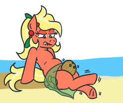 Size: 618x518 | Tagged: safe, artist:jargon scott, oc, oc only, oc:bahama nectar, earth pony, pony, beach, coconut, ear piercing, earring, female, food, jewelry, lidded eyes, lip bite, looking down, mare, ocean, piercing, sand, sarong, sitting, solo, thigh squeeze, underhoof, water