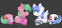 Size: 1657x765 | Tagged: safe, artist:helithusvy, oc, oc only, oc:pine berry, oc:snow pup, earth pony, pegasus, pony, bisection, blue eyes, cake, chibi, clothes, collar, commission, earth pony oc, everything is cake, food, gray background, green eyes, half, modular, obtrusive watermark, pegasus oc, scarf, simple background, socks, striped socks, watermark, wings, ych sketch, your character here