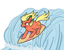 Size: 732x576 | Tagged: safe, artist:jargon scott, oc, oc only, oc:bahama nectar, earth pony, pony, ear piercing, earring, female, jewelry, mare, open mouth, piercing, smiling, solo, surfboard, surfing, water, wave