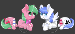 Size: 1657x765 | Tagged: safe, alternate version, artist:helithusvy, oc, oc only, oc:pine berry, oc:snow pup, earth pony, pegasus, pony, bisection, blue eyes, cake, chibi, clothes, collar, commission, earth pony oc, everything is cake, food, gray background, green eyes, half, modular, pegasus oc, scarf, simple background, wings, ych sketch, your character here