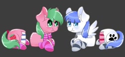 Size: 1326x612 | Tagged: safe, alternate version, artist:helithusvy, oc, oc only, oc:pine berry, oc:snow pup, earth pony, pegasus, pony, bisection, blue eyes, cake, chibi, clothes, collar, commission, earth pony oc, everything is cake, food, gray background, green eyes, half, modular, pegasus oc, scarf, simple background, socks, striped socks, wings, ych sketch, your character here