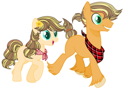 Size: 3385x2457 | Tagged: safe, artist:thieeur-nawng, oc, oc:golden apple, oc:honey apple, earth pony, pony, base used, duo, female, high res, male, mare, neckerchief, offspring, parent:applejack, parent:caramel, parents:carajack, simple background, stallion, white background