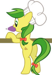 Size: 363x520 | Tagged: safe, artist:nano23823, apple fritter, earth pony, pony, g4, .svg available, apple family member, bipedal, bipedal leaning, butt, female, fritterbutt, hat, leaning, mare, mouth hold, plot, simple background, solo, svg, transparent background, vector