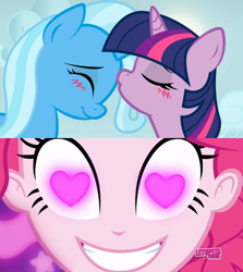Size: 852x955 | Tagged: safe, edit, edited screencap, screencap, pinkie pie, trixie, twilight sparkle, coinky-dink world, equestria girls, g4, my little pony equestria girls: summertime shorts, blushing, female, heart eyes, lesbian, meme, pinkie's eyes, ship:twixie, shipping, wingding eyes