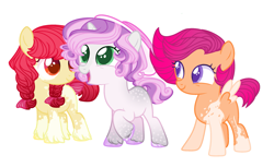 Size: 2585x1585 | Tagged: safe, artist:thieeur-nawng, apple bloom, scootaloo, sweetie belle, earth pony, pegasus, pony, unicorn, g4, alternate design, alternate hairstyle, base used, coat markings, cutie mark crusaders, dappled, hat, open mouth, raised hoof, redesign, simple background, smiling, unshorn fetlocks, white background