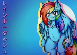 Size: 2048x1463 | Tagged: safe, alternate version, artist:canvymamamoo, rainbow dash, pegasus, semi-anthro, g4, arm hooves, belly button, blue background, blushing, breasts, cleavage fluff, clothes, ear fluff, female, japanese, looking at you, mare, simple background, smiling, solo, swimsuit, text