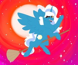 Size: 1280x1067 | Tagged: safe, artist:oneiriceye, oc, oc only, oc:fleurbelle, alicorn, pony, alicorn oc, bow, broom, female, flying, flying broomstick, hair bow, horn, mare, moon, needs more saturation, one eye closed, sky, solo, stars, waving, wings, yellow eyes