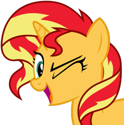 Size: 630x634 | Tagged: safe, artist:nano23823, sunset shimmer, pony, unicorn, equestria girls, g4, .svg available, bust, female, looking at you, mare, one eye closed, open mouth, open smile, portrait, simple background, smiling, smiling at you, solo, svg, transparent background, vector, wink, winking at you