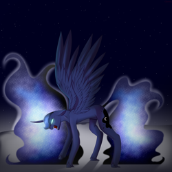 Size: 3000x3000 | Tagged: safe, artist:tayblossom, princess luna, alicorn, pony, g4, female, floppy ears, glowing eyes, glowing mane, glowing tail, high res, mare, night, no pupils, open mouth, solo, spread wings, wings