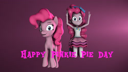 Size: 3840x2160 | Tagged: safe, artist:fazbearsparkle, pinkie pie, earth pony, human, pony, equestria girls, g4, my little pony equestria girls: better together, 3d, clothes, duality, grin, high res, human ponidox, joy, jumping, looking at you, pinkie pie day, pinkie pie day 2020, self ponidox, skirt, smiling, source filmmaker