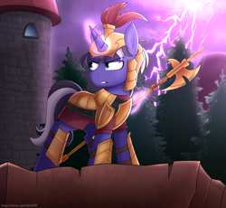 Size: 4887x4500 | Tagged: safe, artist:felixf, oc, oc:procellus, pony, unicorn, armor, castle, halberd, lightning, magic, male, stallion, weapon