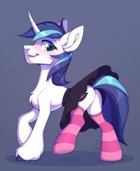 Size: 2982x3636 | Tagged: safe, artist:argigen, shining armor, pony, rcf community, g4, blushing, butt, chest fluff, clothes, crossdressing, ear fluff, explicit source, femboy, high res, lipstick, looking back, male, plot, shieldbutt, shining femboy armor, skirt, socks, solo, stallion, striped socks, unshorn fetlocks, upskirt