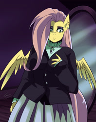 Size: 2340x2977 | Tagged: safe, artist:traupa, fluttershy, pegasus, anthro, fake it 'til you make it, g4, breasts, busty fluttershy, choker, clothes, ear piercing, female, fluttergoth, goth, high res, piercing, skirt, solo
