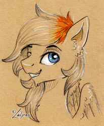 Size: 938x1140 | Tagged: safe, artist:lailyren, oc, oc only, oc:shade flash, pegasus, pony, bust, ear fluff, folded wings, limited palette, looking at you, male, one eye closed, signature, smiling, solo, stallion, traditional art, wings, wink