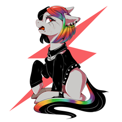Size: 2480x2480 | Tagged: safe, artist:maeveadair, oc, oc:clarissa, earth pony, pony, angry, blank flank, chains, clothes, collar, high res, piercing, scar, simple background, sitting, sweater