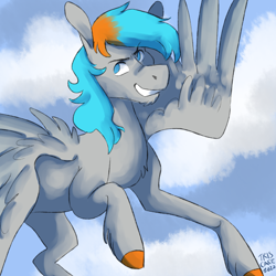 Size: 1850x1850 | Tagged: safe, artist:triscuitcafe, oc, oc:shade flash, pegasus, pony, cloud, flying, male, simple background, smiling, stallion