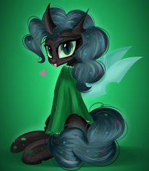 Size: 3419x3917 | Tagged: safe, artist:janelearts, queen chrysalis, changeling, changeling queen, g4, alternate hairstyle, clothes, cute, cutealis, fangs, female, green background, heart, high res, open mouth, pinkie pie mane, simple background, sweater