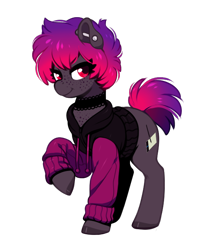 Size: 572x683 | Tagged: safe, artist:moetempura, oc, oc only, oc:dib, earth pony, pony, choker, clothes, cutie mark, ear piercing, earth pony oc, freckles, hoodie, hooves, industrial piercing, piercing, raised hoof, simple background, solo, sweater, transparent background