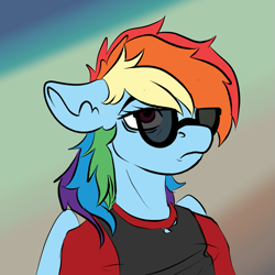 Size: 1563x1563 | Tagged: safe, artist:brainiac, derpibooru exclusive, rainbow dash, pegasus, anthro, g4, clothes, female, floppy ears, frown, glasses, mare, shirt, solo