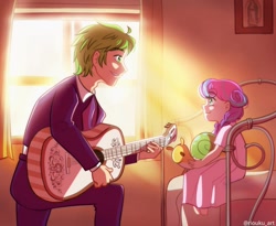 Size: 988x809 | Tagged: safe, artist:riouku, princess flurry heart, spike, whammy, human, g4, coco (disney movie), commission, disney, guitar, humanized, musical instrument, pixar, remember me, singing, spoilers for another series, uncle spike