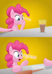 Size: 2101x3000 | Tagged: safe, artist:bladedragoon7575, pinkie pie, earth pony, pony, g4, cartoon physics, chocolate, chocolate milk, everything is ruined, exploitable meme, female, fourth wall, giggling, high res, mare, meme, milk, pinkie being pinkie, pinkie logic, pinkie physics, pure unfiltered evil, simple background, spilled milk, surprised, xk-class end-of-the-world scenario, yellow background