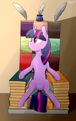 Size: 2000x3200 | Tagged: safe, artist:uteuk, twilight sparkle, pony, unicorn, g4, book, book throne, bookhorse, feather, high res, ink, inkwell, sitting, solo, throne, unicorn twilight