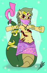 Size: 1200x1848 | Tagged: safe, artist:shappy the lamia, oc, oc only, oc:shappy, earth pony, genie, hybrid, lamia, original species, pony, arabian pony, arabic, beautiful, belly button, belly dance, belly dancer, belly dancer outfit, bracelet, braid, clothes, cute, dancer, dancing, diamond, eye contact, fangs, front view, gem, gold, green mane, hips, jewelry, lips, lipstick, looking at each other, necklace, pigtails, red eyes, scales, shantae, shiny, short mane, skirt, slit pupils, snake eyes, snake tail, solo, tiara, veil, yellow