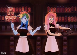 Size: 2500x1766 | Tagged: safe, artist:feekteev, fluttershy, rainbow dash, equestria girls, g4, alcohol, balancing, bar, blushing, breasts, busty rainbow dash, cleavage, clothes, clumsy, commission, commissioner:ajnrules, fluttermaid, glass, maid, rainbow maid, spill, spilled drink, waiter, waitress, ych result