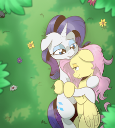 Size: 2300x2550 | Tagged: safe, artist:saturdaymorningproj, fluttershy, rarity, pegasus, pony, unicorn, g4, cuddling, female, grass, high res, lesbian, looking at each other, mare, ship:flarity, shipping