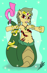 Size: 1200x1848 | Tagged: safe, alternate version, artist:shappy the lamia, oc, oc only, oc:shappy, earth pony, genie, hybrid, lamia, original species, pony, arabian pony, arabic, beautiful, belly button, belly dance, belly dancer, belly dancer outfit, bracelet, braid, clothes, cute, dancer, dancing, diamond, eye contact, fangs, front view, gem, gold, green mane, hips, jewelry, lips, lipstick, looking at each other, necklace, pigtails, red eyes, scales, shantae, shiny, short mane, skirt, slit pupils, snake eyes, snake tail, solo, tiara, yellow