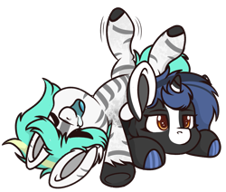 Size: 1245x1056 | Tagged: safe, alternate character, alternate version, artist:rokosmith26, oc, oc only, oc:nova ruin, oc:rokosmith, pegasus, pony, unicorn, blaze (coat marking), chibi, coat markings, drool, duo, eyes closed, eyes open, facial markings, female, hoof fluff, looking forward, mare, markings, open mouth, orange eyes, short hair, short mane, simple background, smiling, stripes, tail, transparent background, tribal markings