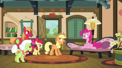 Size: 1280x720 | Tagged: safe, screencap, apple bloom, applejack, big macintosh, granny smith, pinkie pie, earth pony, pony, g4, pinkie apple pie, butt, female, male, mare, plot, stallion