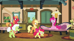 Size: 1280x720 | Tagged: safe, screencap, apple bloom, applejack, big macintosh, granny smith, pinkie pie, earth pony, pony, g4, pinkie apple pie, butt, excited, female, male, mare, plot, stallion