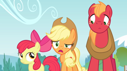 Size: 1280x720 | Tagged: safe, screencap, apple bloom, applejack, big macintosh, earth pony, pony, g4, pinkie apple pie, female, filly, male, mare, stallion