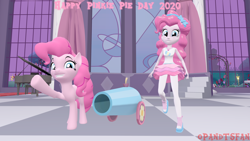 Size: 3840x2160 | Tagged: safe, artist:optimussparkle, pinkie pie, earth pony, human, pony, equestria girls, equestria girls series, g4, 3d, geode of sugar bombs, grin, happy, high res, human ponidox, looking at you, magical geodes, party cannon, pinkie pie day, pinkie pie day 2020, self ponidox, smiling, source filmmaker