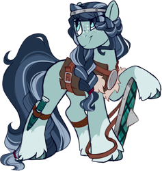 Size: 1090x1149 | Tagged: safe, artist:crimmharmony, oc, oc only, oc:eilean donon, earth pony, pony, clothes, dagger, eye clipping through hair, female, freckles, mare, shield, simple background, solo, transparent background, weapon