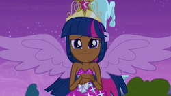 Size: 1920x1080 | Tagged: safe, color edit, edit, edited screencap, screencap, twilight sparkle, human, equestria girls, g4, my little pony equestria girls, adorkable, bare shoulders, clothes, crying, cute, dark skin, dork, dress, element of magic, fall formal outfits, female, gala dress, human coloration, ponied up, sad, sadorable, skin color edit, sleeveless, solo, strapless, sweet dreams fuel, teary eyes, twiabetes