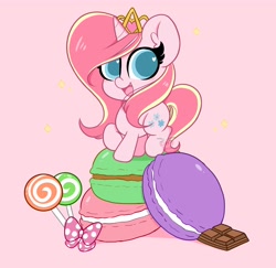 Size: 3600x3500 | Tagged: safe, artist:kittyrosie, oc, oc only, oc:rosa flame, pony, unicorn, candy, chocolate, cute, ear fluff, female, food, heart, heart eyes, high res, jewelry, lollipop, macaron, mare, ocbetes, raised hoof, raised leg, smiling, solo, sweets, tiara, wingding eyes