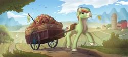 Size: 4096x1822 | Tagged: safe, artist:helmie-art, oc, oc only, earth pony, pony, apple, barn, commission, field, food, male, multicolored hair, rainbow hair, scenery, silo, solo, stallion, straw in mouth, wagon, walking