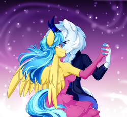 Size: 3000x2776 | Tagged: safe, alternate version, artist:shooshaa, oc, oc only, oc:code quill, oc:jeppesen, kirin, pegasus, anthro, abstract background, alternate hairstyle, anthro oc, armpits, ballroom dancing, braid, breasts, chest fluff, clothes, dancing, dress, duo, evening dress, evening gloves, female, flower, flower in hair, formal dress, formal wear, gloves, high res, holding hands, horn, interspecies, kirin oc, long gloves, looking at each other, male, mare, oc x oc, pegasus oc, pink dress, shipping, stallion, suit, tail, wings