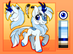 Size: 2565x1914 | Tagged: safe, artist:sickly-sour, oc, oc only, oc:code quill, kirin, pony, blue eyes, chest fluff, color palette, colored hooves, commission, kirin oc, leg fluff, leonine tail, male, ponysona, quill, raised hoof, reference sheet, simple background, smiling, solo