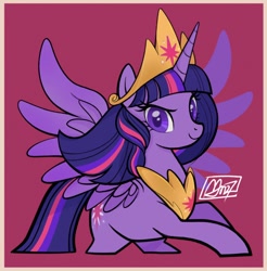 Size: 1252x1274 | Tagged: safe, artist:mn27, twilight sparkle, alicorn, pony, g4, the last problem, colored pupils, crown, female, jewelry, looking at you, mare, older, older twilight, older twilight sparkle (alicorn), peytral, princess twilight 2.0, red background, regalia, simple background, solo, spread wings, twilight sparkle (alicorn), wings
