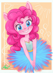 Size: 640x874 | Tagged: dead source, safe, artist:mn27, pinkie pie, equestria girls, g4, bare shoulders, breasts, cleavage, clothes, cute, diapinkes, dress, female, hands together, happy, looking at you, ponied up, smiling, solo, strapless, tumblr, weapons-grade cute