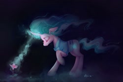 Size: 2048x1363 | Tagged: safe, artist:annie39367262, mistmane, pony, unicorn, g4, dark background, eyes closed, female, floppy ears, flower, glowing horn, horn, magic, mare, profile, solo