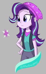 Size: 981x1573 | Tagged: safe, artist:aanotherpony, starlight glimmer, equestria girls, equestria girls specials, g4, my little pony equestria girls: mirror magic, beanie, cutie mark, female, gray background, hand on hip, hat, simple background, solo