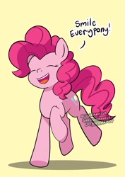 Size: 1024x1449 | Tagged: safe, artist:shujiwakahisaa, pinkie pie, earth pony, pony, g4, cute, dialogue, diapinkes, eyes closed, female, mare, open mouth, simple background, smiling, solo, yellow background