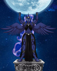 Size: 2835x3532 | Tagged: safe, artist:ponymaan, princess luna, alicorn, anthro, unguligrade anthro, g4, abs, armpits, breasts, busty princess luna, female, full moon, goddess, high res, holding, looking at you, mare, moon, muscles, muscular female, praise the moon, princess muscle moona, solo, spread wings, tangible heavenly object, wings